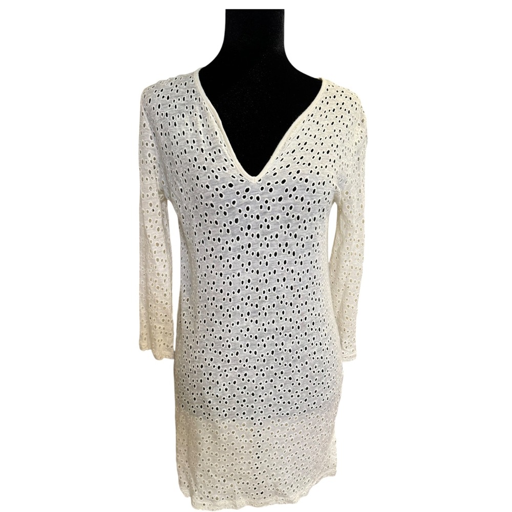 Majestic Filatures Deluxe Teeshirt Cream 100% Linen Eyelet V-Neck Tunic Size 1